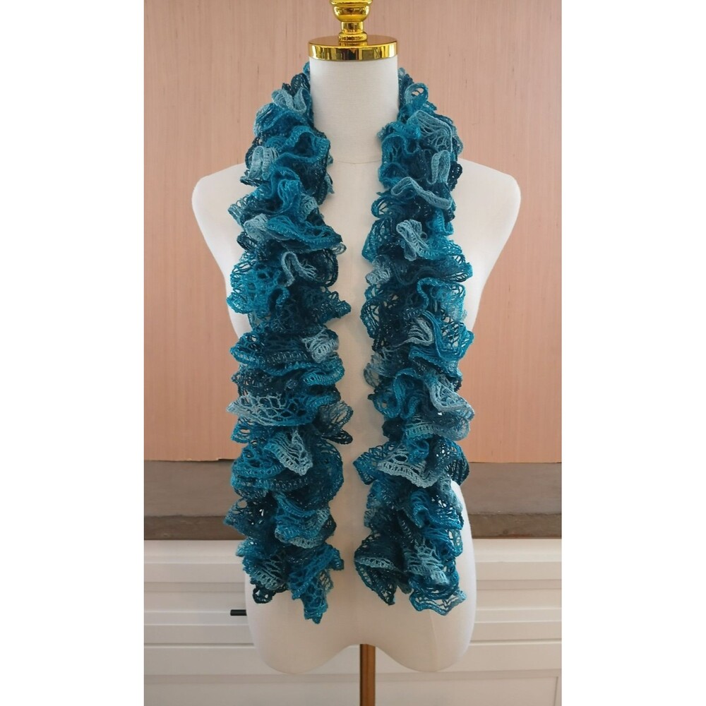Women's Scrunched Squiggle Scarf Wrap Curly Ruffle Winter Blue